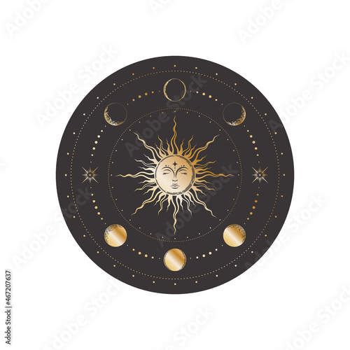 Vector mystical sticker with golden sun with a sleeping face, moon phases, stars and concentric circles. Sketch tattoo in boho style on a black background. Round label with astronomical objects