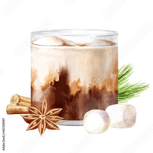 White russian cocktail in a glass, composition on white background. Drink illustration.	 photo