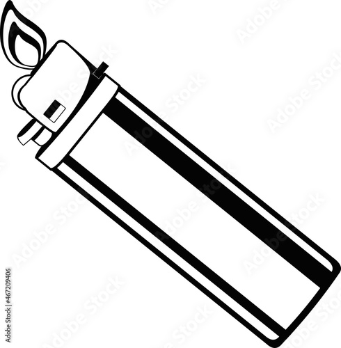 Vector illustration of a lighter with burning fire flame drawn in black and white