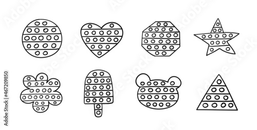 Pop it fidget. Set of trendy toy antistress. Doodle sketch style. Vector linear illustration isolated on white background.