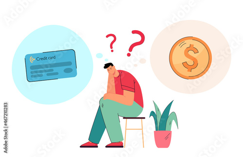 Male cartoon character thinking about credit card and coin. Man choosing between cash and debit card flat vector illustration. Finances, banking concept for banner, website design or landing web page