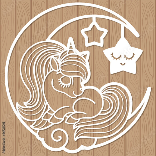 Magic unicorn. Template for laser cutting from any material. For children's design of jewelry, interior elements, decor, postcards and Vector etc.