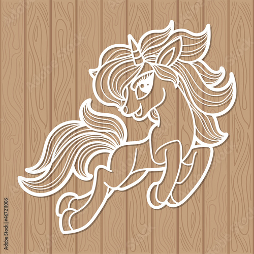 Magic unicorn. Template for laser cutting from any material. For children's design of jewelry, interior elements, decor, postcards and Vector etc.
