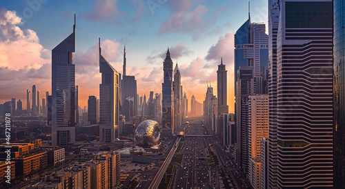 Cityscape of Dubai at sunset