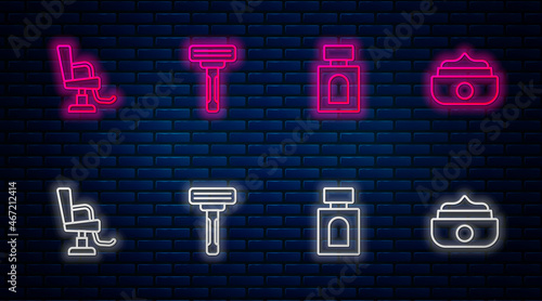 Set line Shaving razor, Aftershave, Barbershop chair and Gel wax for styling. Glowing neon icon on brick wall. Vector