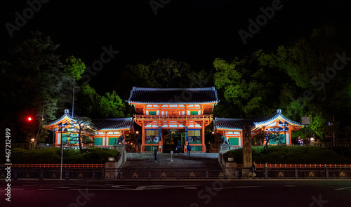 Easterior view of Yasaka Shrine at night in Gion District of Kyoto, Japan
