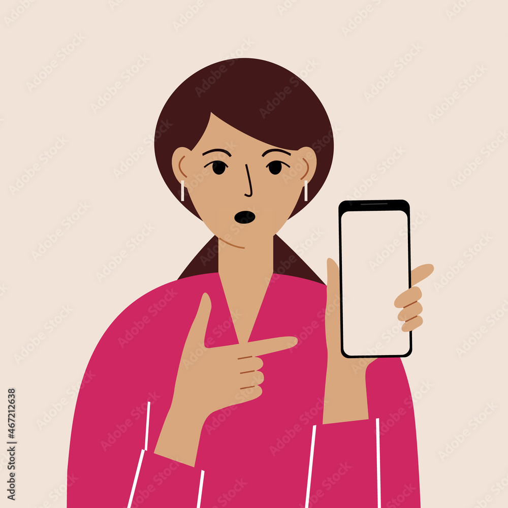 Angry woman with mobile phone, front view. Indicates the phone. News. Smartphone and internet addiction. Angry woman with mobile phone, front view. Indicates the phone. News. Smartphone and internet addiction.