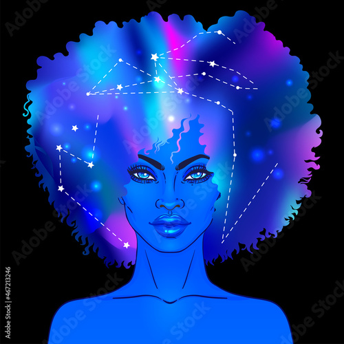 African American pretty girl. Vector Illustration Mysterious black woman with galaxy make up and with the sky full of stars in her hair.