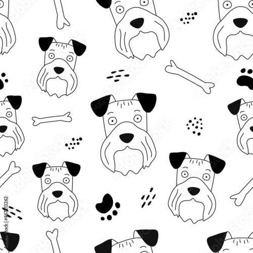 Seamless pattern with funny dog faces in hand drawn style. Outline hand drawing. Great for textiles, stickers, cards, wallpaper, wrapping paper. Isolated on white background vector illustration