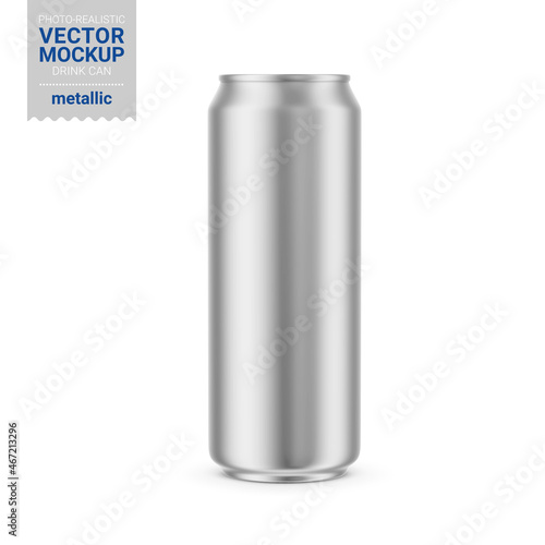 Gray metallic drink can mockup. Vector illustration.