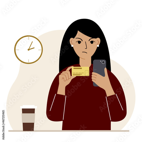 A woman with a mobile phone in her hand holds a bank card. Concept credit, deposit, payment, debit online. Vector