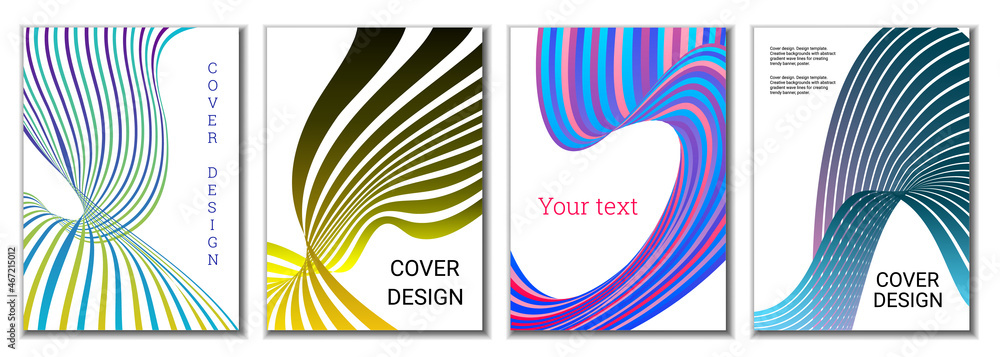 A set of 4 abstract covers. Wavy parallel gradient lines, ribbons evolve. Cover design, background. Trendy banner, poster. A set of 4 abstract covers. Wavy parallel gradient lines, ribbons evolve. Cover design, background. Trendy banner, poster.