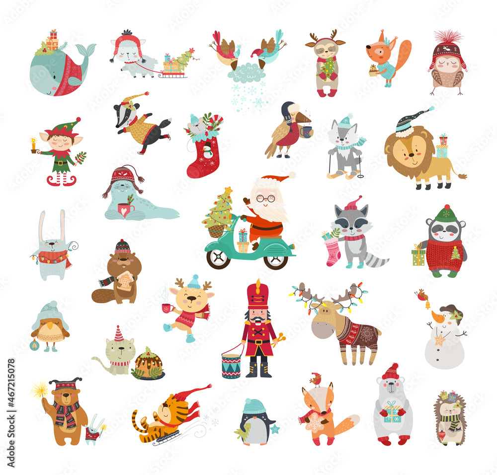 Fototapeta premium Cute illustrations of Christmas characters. Cartoon animals celebrating the new year.