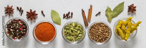 Colorful spices banner. Cloves, cardamon, coriander, anise, pepper, paprika, cinnamon, bay leaf, turmeric.