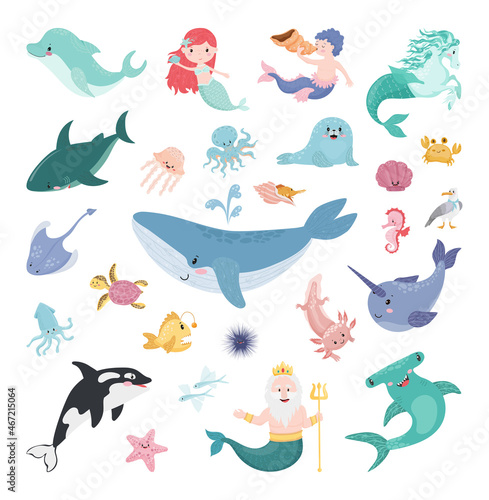 Set of cartoon cute illustrations with nautical characters.
