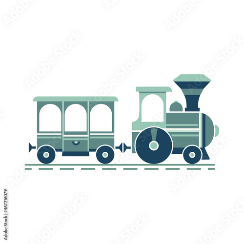 Toy retro train cute cartoon vector flat color icon isolated. Steam engine train, passenger wagon cartoon design element. Kids fun railway travel background illustration. Old railroad transport sign