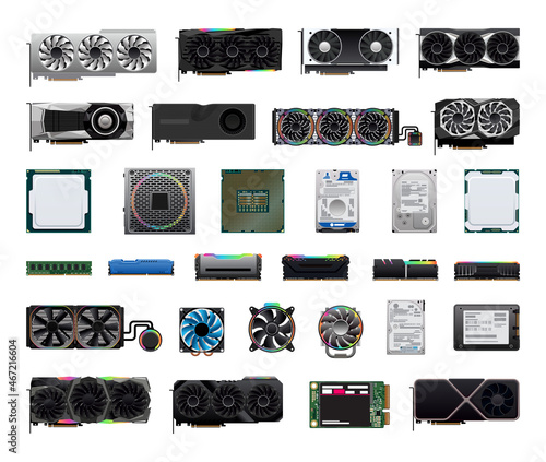A collection of computer components in a detailed style. Realistic illustrations for a computer store.