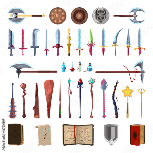 Collection of fantasy inventory for creating computer games. Detailed objects isolated on white background.