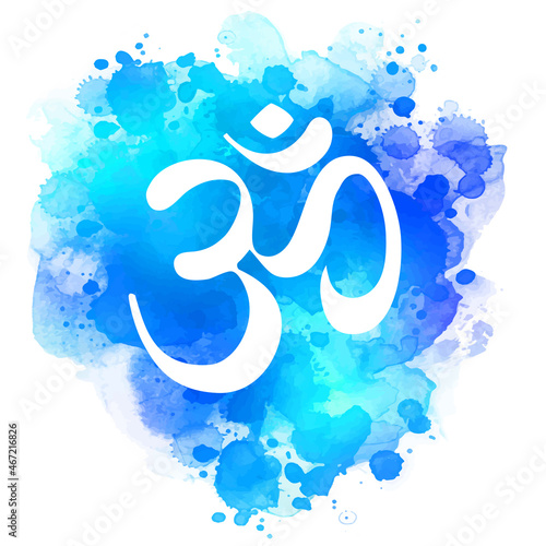 Sacred OM sign over abstract bright watercolor texture isolated on white background.