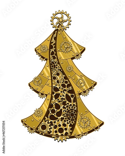 Christmas tree made of shiny brass, gold metal plates, gears, cogwheels, rivets in steampunk style. Vector illustration.
