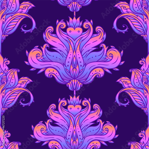 Floral paisley inspired Indian vector colorful ornate seamless pattern. Decor...