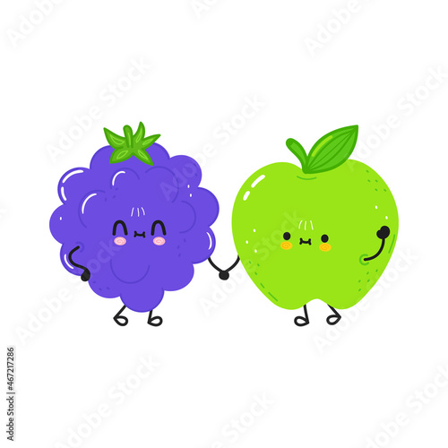 Cute happy blackberry and green apple. Vector hand drawn doodle style cartoon character illustration icon design. Happy blackberry and green apple best friends concept