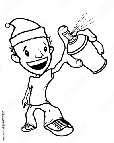Christmas Santa Claus hat cartoon graffiti writer character, smiling with a paint aerosol on the hand. Black line on white.
