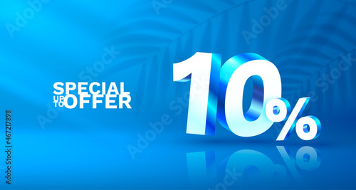 10 Off. Discount creative composition. 3d sale symbol with decorative objects, golden confetti, podium and gift box. Sale banner and poster. Vector