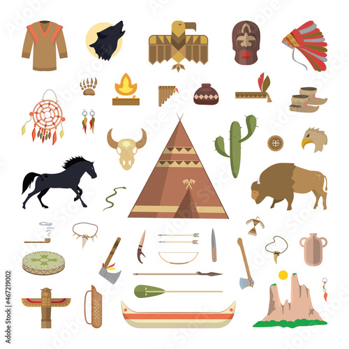 Attributes of native american. Vector illustration of indigenous people things.