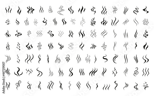 Black icons of waves of steam, smoke or aroma odor.