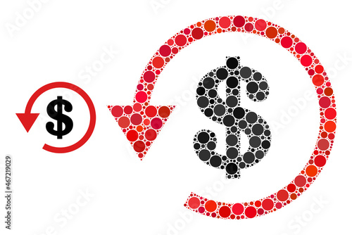 Dollar refund vector composition of dots in various sizes and color tones. Dots are grouped into dollar refund vector illustration. Abstract vector illustration.
