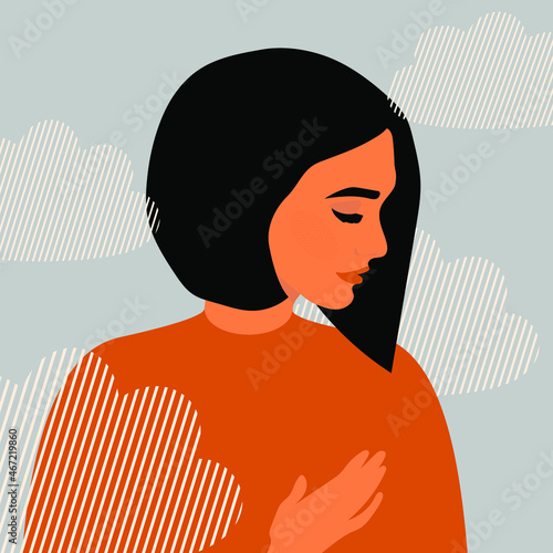 The concept of psychological health and pure thoughts. A woman with black hair feels lightness and peace of mind in the clouds. Flat style poster design with blue background. Vector.