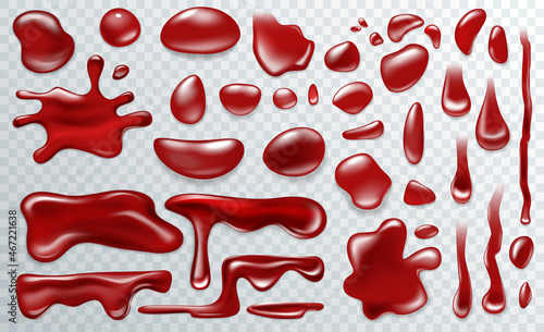 Set of vector various realistic detailed bloodstain splatter  blood or paint splatters Halloween concept isolated on the alpha transperant background.