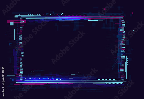Glitch effect frame of rectangular shape vector illustration. Abstract rectangle digital technology, neon electric border, signal destruction on tv screen in cyberpunk style on dark background