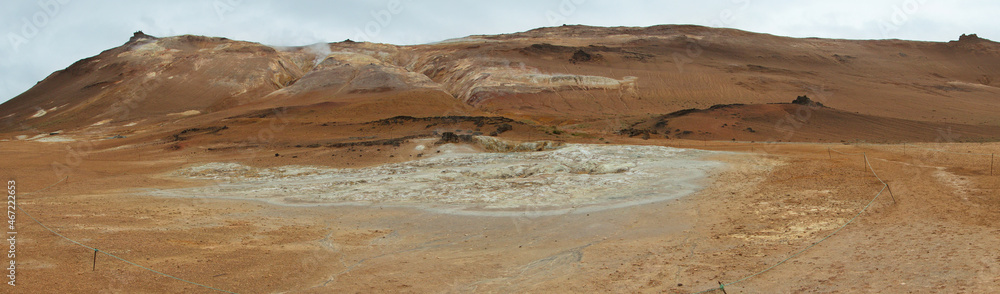Landscape in geothermal area Hverir in the east of Mt Namfjall at Lake Myvatn in Iceland, Europe
