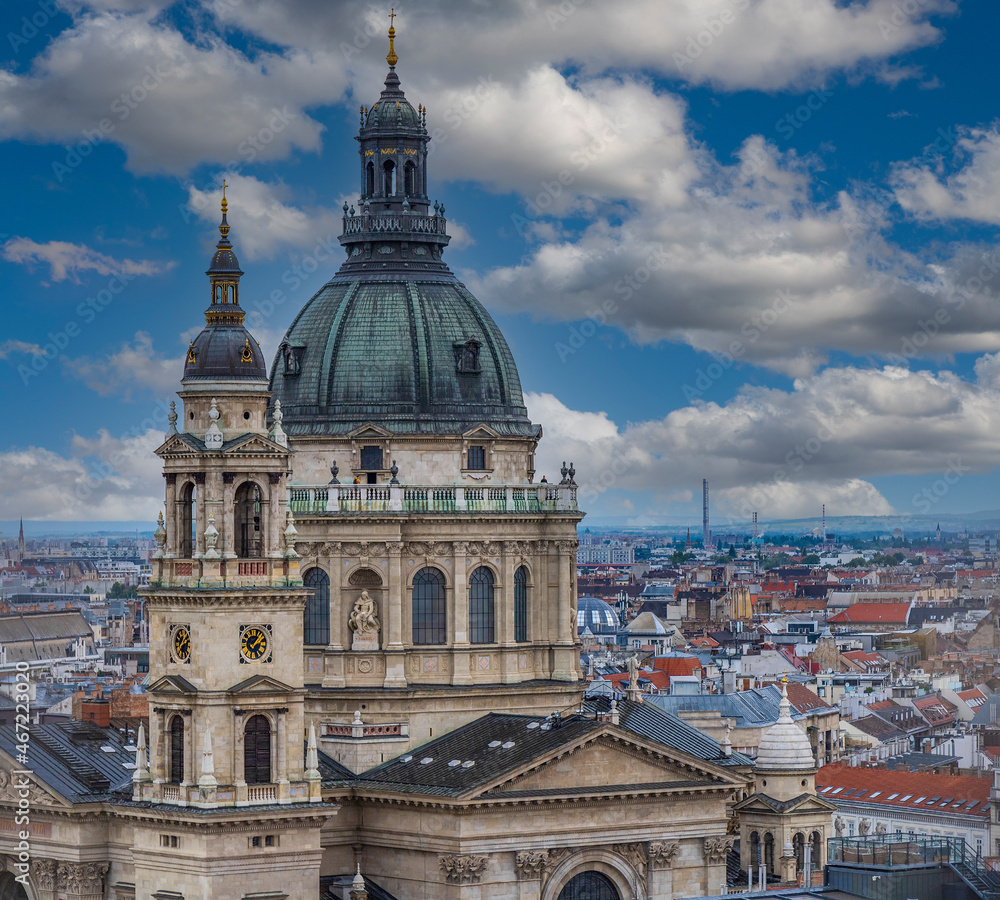 Aerial view of Budapest, Hungary, with St. Stephen Basilica in the foreground