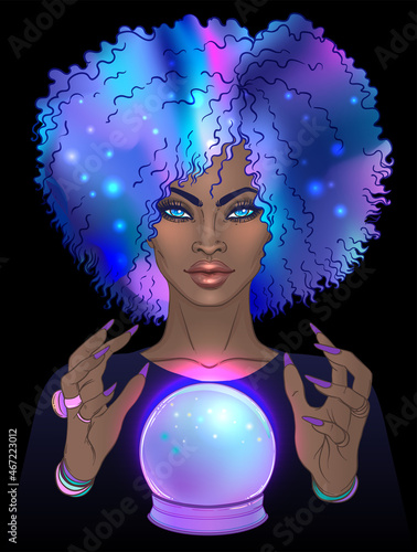 Fortuneteller with crystal ball. African American woman. Creepy cute vector illustration. Gothic design, mystic magic symbol, pastel colors. Future telling, Halloween concept.