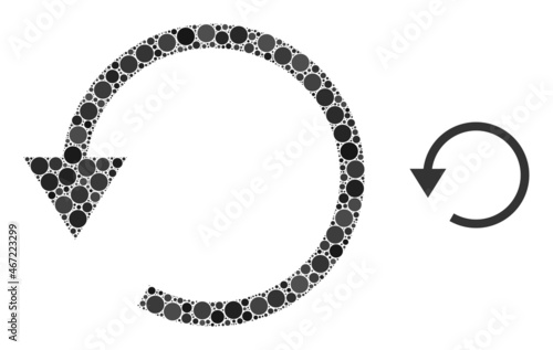 Rotate left vector mosaic of dots in different sizes and color shades. Circle dots are organized into rotate left vector mosaic. Abstract vector design concept.