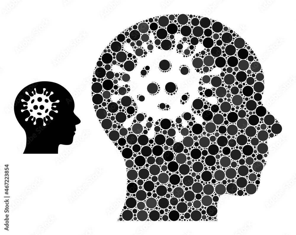 Brain virus vector collage of round dots in variable sizes and color tones. Circle dots are united into brain virus vector collage. Abstract vector design concept. Brain virus vector collage of round dots in variable sizes and color tones. Circle dots are united into brain virus vector collage. Abstract vector design concept.