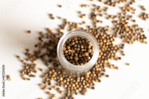 top of clear jar with coriander spice seeds on white background