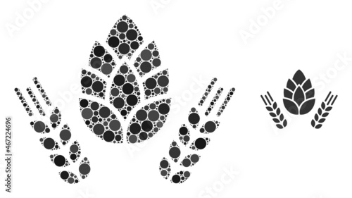 Barley and hop vector composition of small circles in various sizes and color tints. Small circles are composed into barley and hop vector composition. Abstract vector illustration.