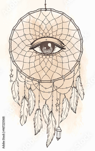 Hand drawn Native American Indian talisman dreamcatcher with eye, feathers and moon. Vector hipster illustration isolated on white. Ethnic design, boho chic, tribal symbol. Coloring book for adults.