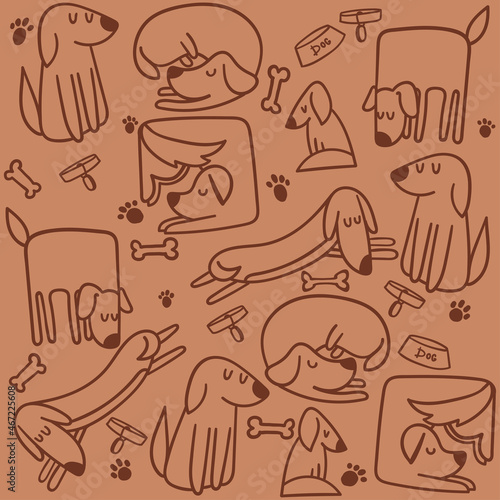 Trendy line art seamless pattern with dog for fabric design. Cute puppie sleep. Fabric pattern. Brown background. Seamless abstract pattern, texture print. Sketch drawing.