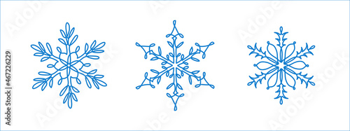 Snowflakes set of icons, signs, symbols. One continuous line art drawing of snowflake. Single line vector illustrations