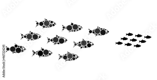 School of fish vector mosaic of circle dots in variable sizes and color tints. Circle dots are combined into school of fish vector illustration. Abstract vector illustration.