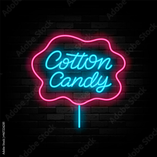 Cotton candy neon lettering sign. Sweet shop logo. Cake store. Night bright emblem. Isolated vector illustration