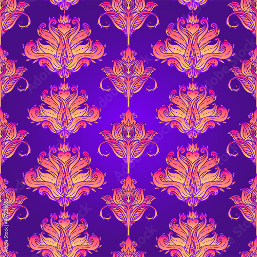 Floral paisley inspired Indian vector colorful ornate seamless pattern. Decor...