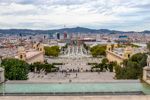 Panoramic view of Montjuic columns and fountain in Spain square in Barcelona © Alfredo