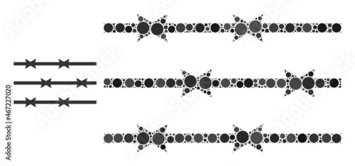 Barbed wire fence vector mosaic of circle dots in variable sizes and color shades. Round dots are united into barbed wire fence vector mosaic. Abstract vector design concept.