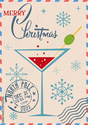 Merry Christmas 2022 Greeting Card, Mid Century Modern Season Holidays Postcards Style Illustration